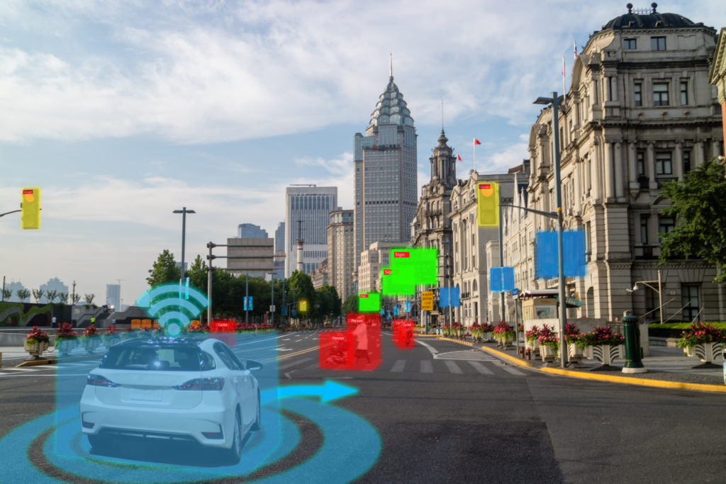 iot transportation industry smart automotive Driverless car with artificial intelligence combine with deep learning technology. self driving car can situational awareness around the car, letting it navigate itself 360 degree