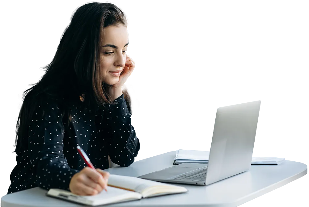 Woman using digital library on computer