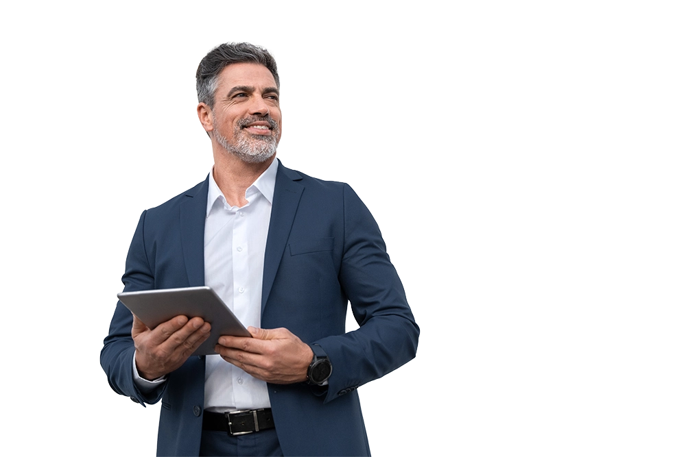 Man in blazer with tablet